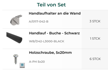 Holzhandlauf Buche 42 mm Schwarz 300 cm inkl. Handlaufhalter Edelstahl komplett SET